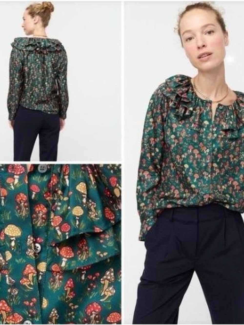 J. Crew Emerald Green Mushroom Print Ruffle Blouse - Picture 3 of 9